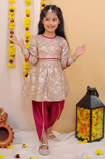 Kid1 sonpari jacquard peplum dhoti set