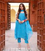 Heer turquoise hand embroidered silk kurta pant with hand painted dupatta