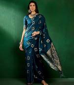 Blue cotton saree with square butta ethnic motifs jacquard work 