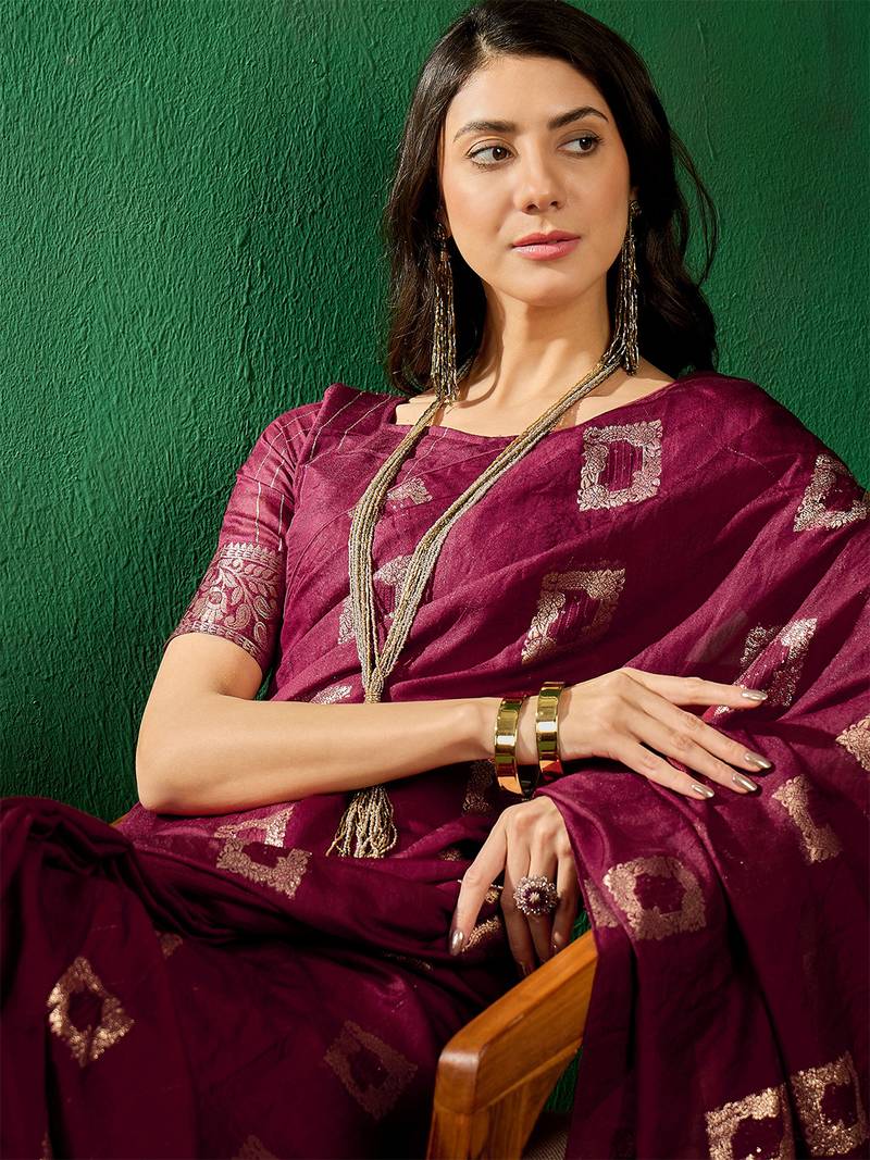 Wine cotton saree with square butta ethnic motifs jacquard work