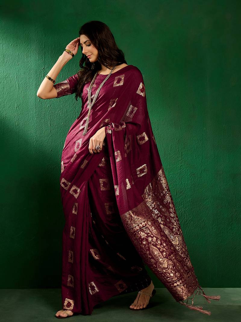 Wine cotton saree with square butta ethnic motifs jacquard work