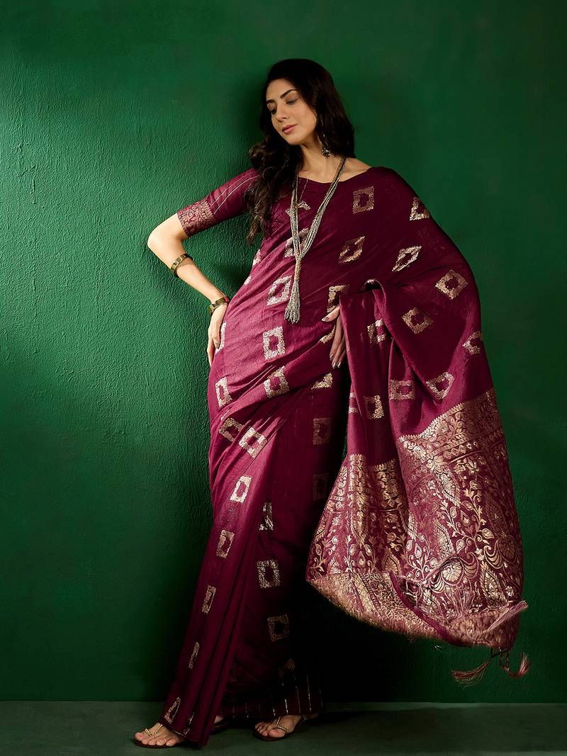 Wine cotton saree with square butta ethnic motifs jacquard work