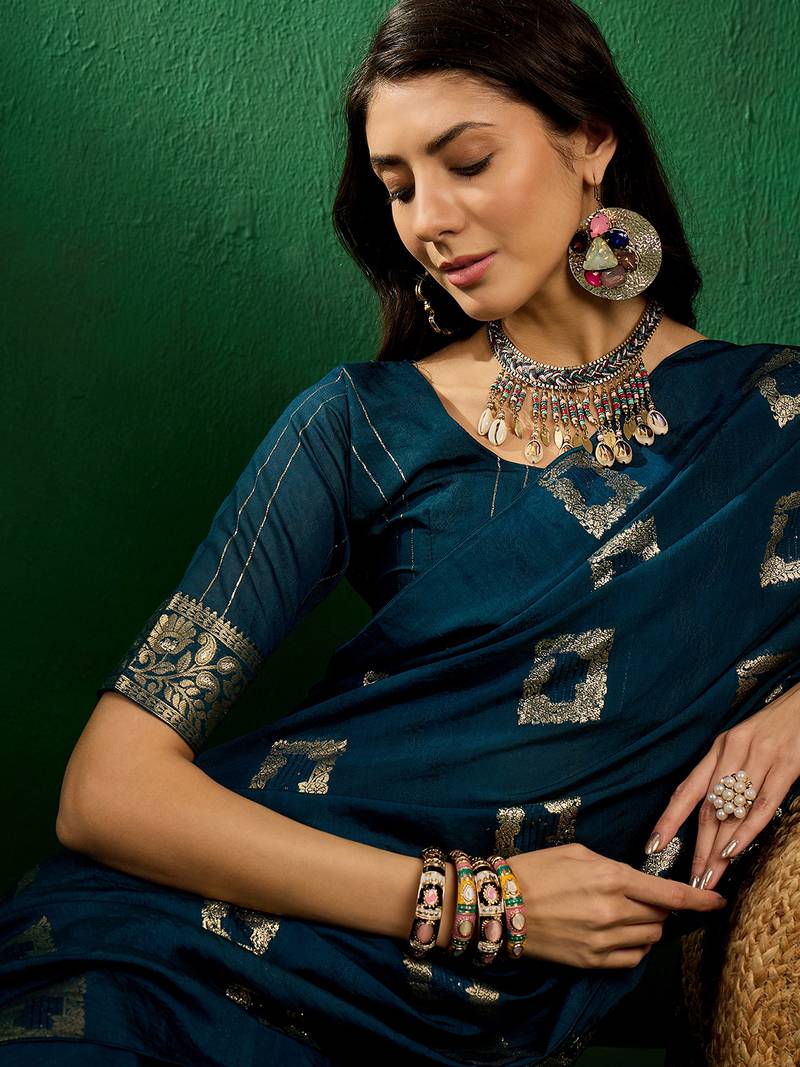 Blue cotton saree with square butta ethnic motifs jacquard work 