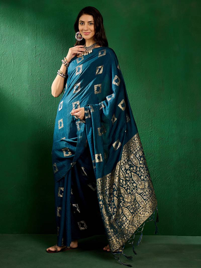 Blue cotton saree with square butta ethnic motifs jacquard work 