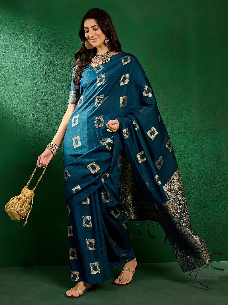 Blue cotton saree with square butta ethnic motifs jacquard work 