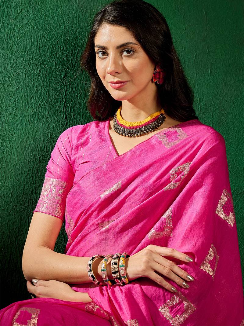 pink Cotton Jacquard Saree