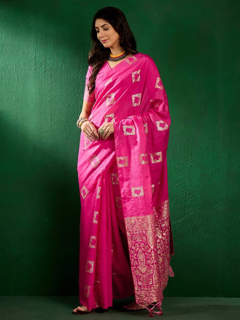 pink Cotton Jacquard Saree