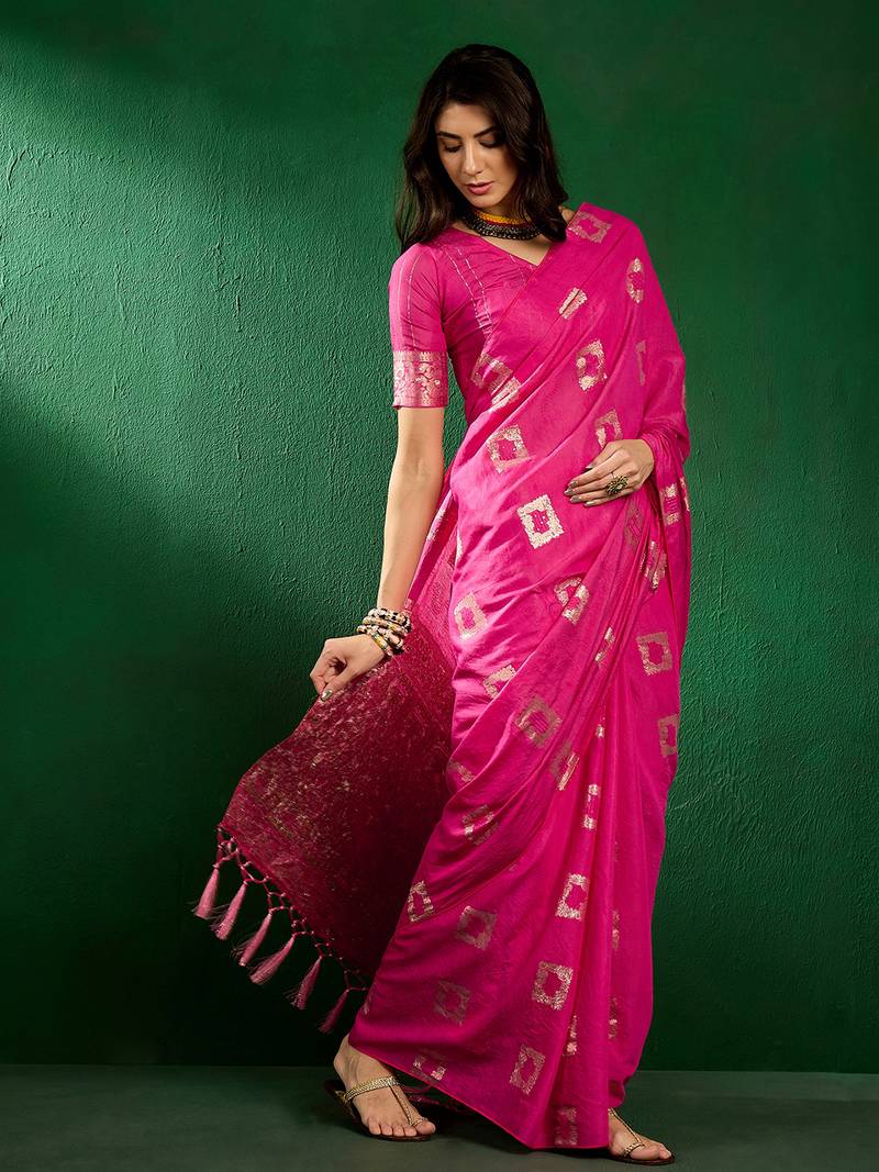 pink Cotton Jacquard Saree