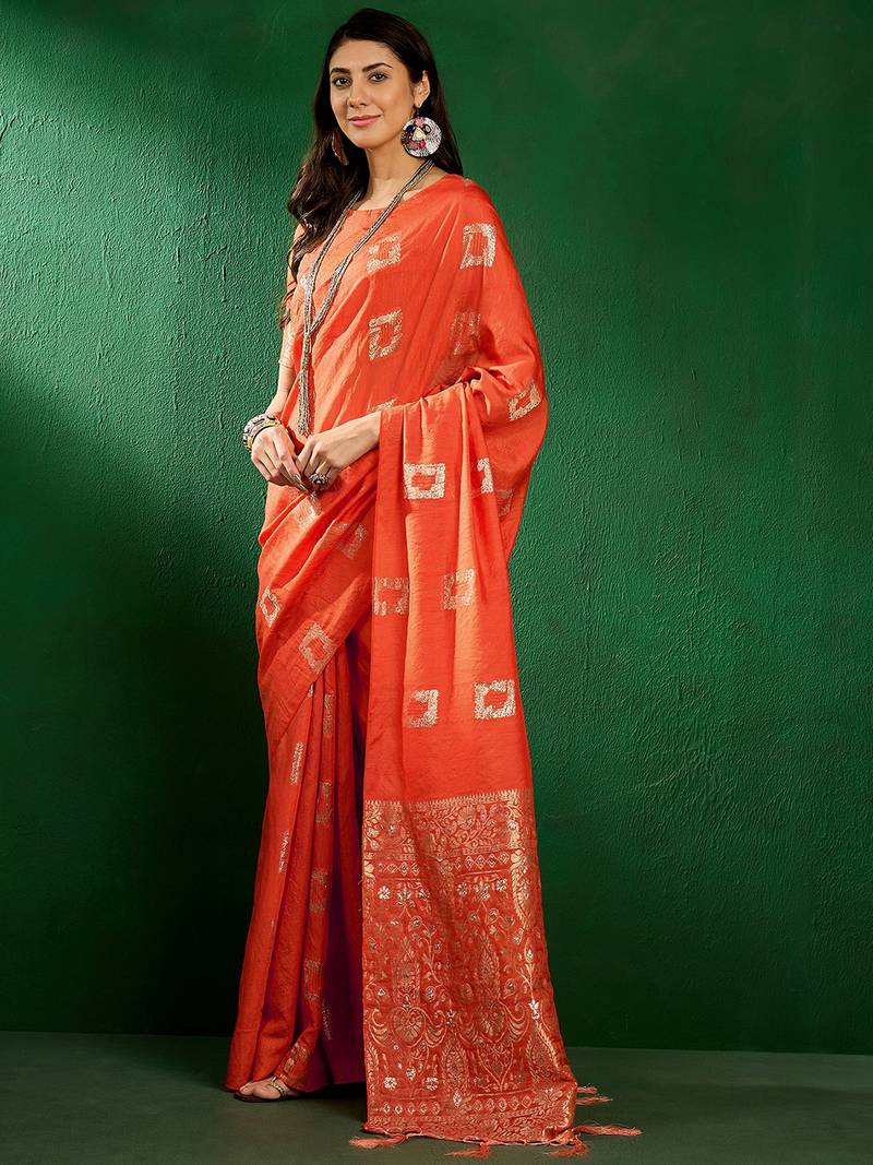 orange Cotton Jacquard Saree