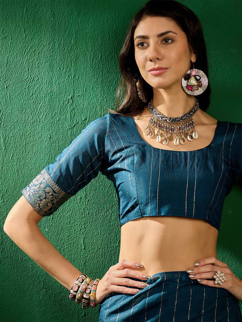 Blue cotton saree with square butta ethnic motifs jacquard work 