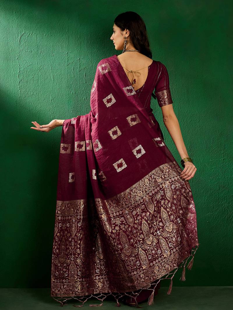 Wine cotton saree with square butta ethnic motifs jacquard work