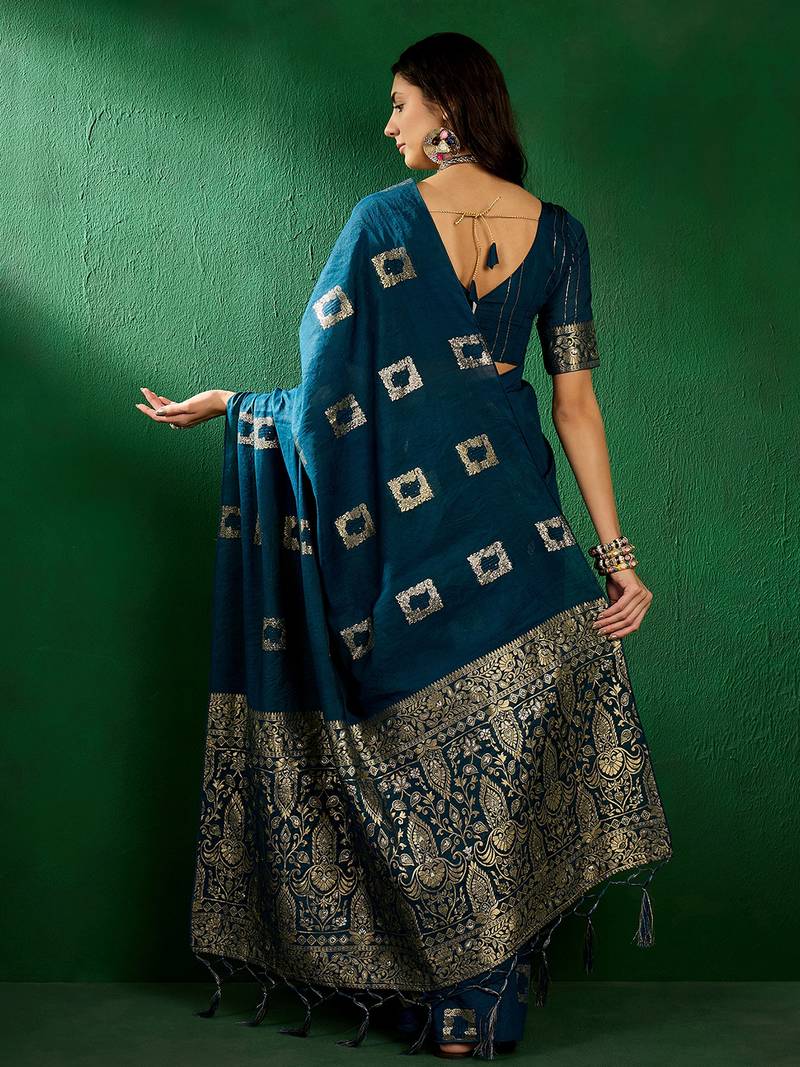 Blue cotton saree with square butta ethnic motifs jacquard work 