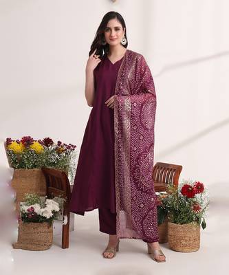 purple solid a-line kurta trouser and dupatta set 6