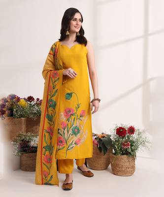 mustard floral,lace work straight kurta and trouser with dupatta set 6