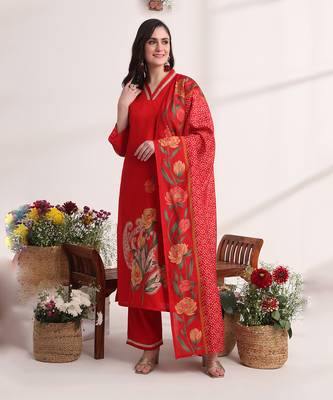 red floral,lace work straight kurta and trouser with dupatta set 6