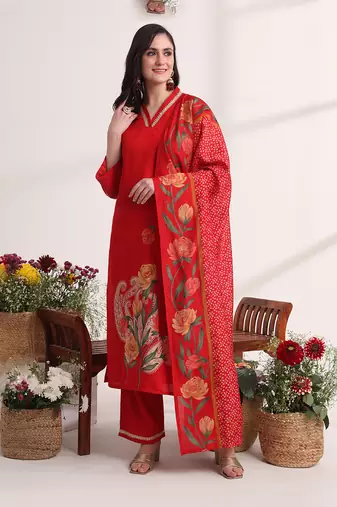 red floral,lace work straight kurta and trouser with dupatta set