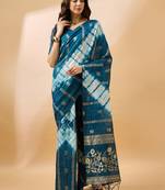Teal blue staple cotton saree with tie-dye bandhani pattern