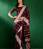 Wine staple cotton saree with tie-dye bandhani pattern