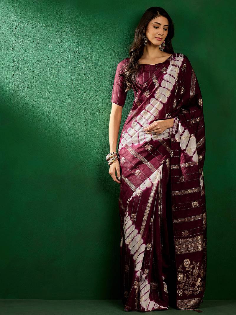 Wine staple cotton saree with tie-dye bandhani pattern