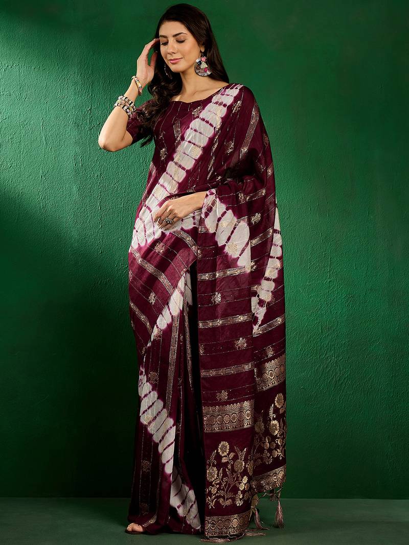 Wine staple cotton saree with tie-dye bandhani pattern