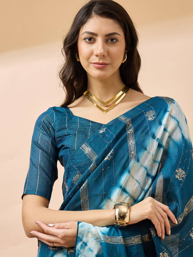 Teal blue staple cotton saree with tie-dye bandhani pattern