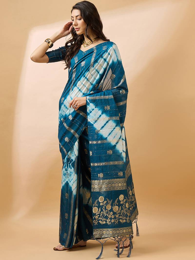 Teal blue staple cotton saree with tie-dye bandhani pattern