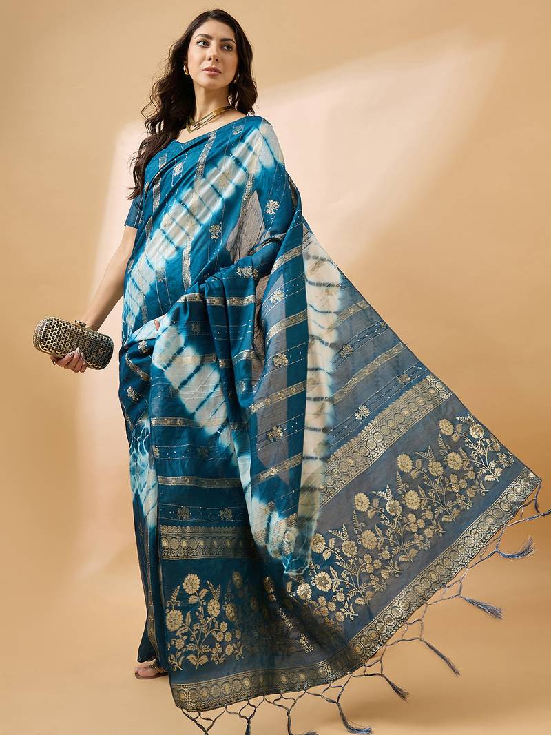 Teal blue staple cotton saree with tie-dye bandhani pattern
