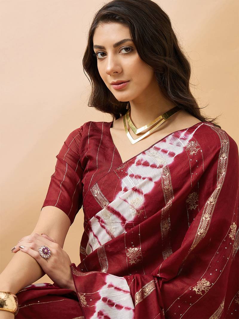 Maroon staple cotton saree with tie-dye bandhani pattern