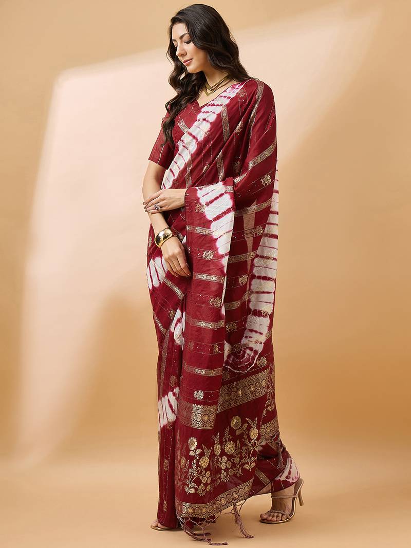 Maroon staple cotton saree with tie-dye bandhani pattern