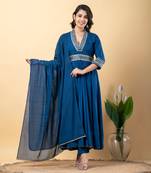 Blue bijiya work rayon anarkali with bottom & dupatta set