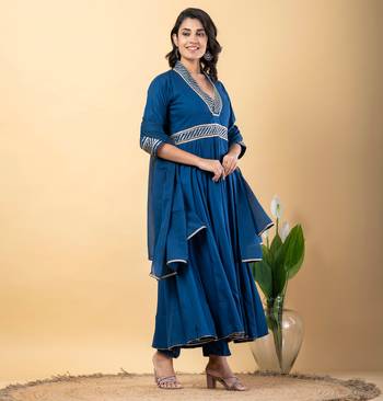 Blue bijiya work rayon anarkali with bottom & dupatta set 3