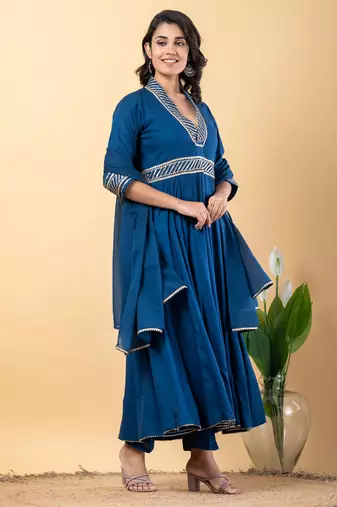 Blue bijiya work rayon anarkali with bottom & dupatta set
