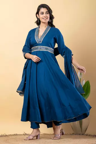 Blue bijiya work rayon anarkali with bottom & dupatta set