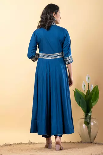 Blue bijiya work rayon anarkali with bottom & dupatta set