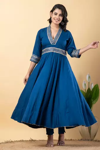 Blue bijiya work rayon anarkali with bottom & dupatta set