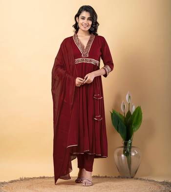 Maroon bijiya work rayon anarkali with bottom & dupatta set 1