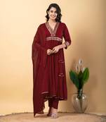 Maroon bijiya work rayon anarkali with bottom & dupatta set