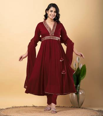 Maroon bijiya work rayon anarkali with bottom & dupatta set 2