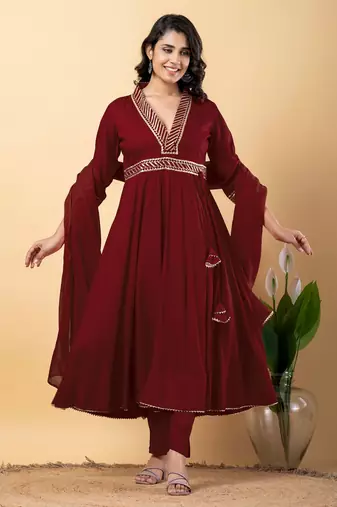 Maroon bijiya work rayon anarkali with bottom & dupatta set