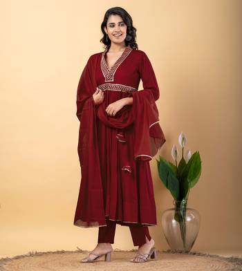 Maroon bijiya work rayon anarkali with bottom & dupatta set 3