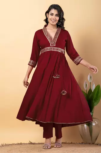 Maroon bijiya work rayon anarkali with bottom & dupatta set