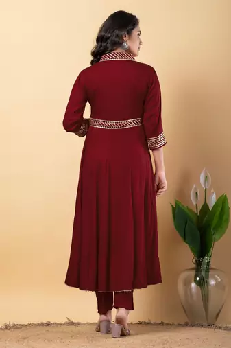 Maroon bijiya work rayon anarkali with bottom & dupatta set