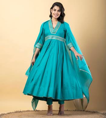 Rama green bijiya work rayon anarkali with bottom & dupatta set 1