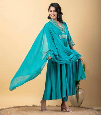 Rama green bijiya work rayon anarkali with bottom & dupatta set 3