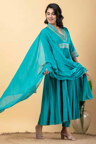 Rama green bijiya work rayon anarkali with bottom & dupatta set