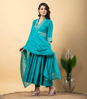 Rama green bijiya work rayon anarkali with bottom & dupatta set 4
