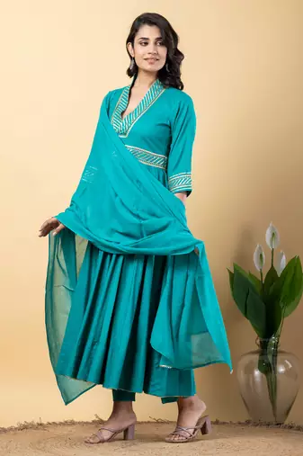 Rama green bijiya work rayon anarkali with bottom & dupatta set