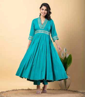 Rama green bijiya work rayon anarkali with bottom & dupatta set 5