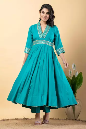 Rama green bijiya work rayon anarkali with bottom & dupatta set