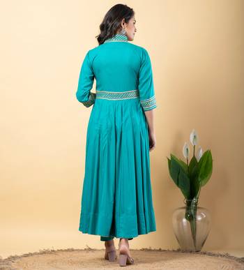 Rama green bijiya work rayon anarkali with bottom & dupatta set 6